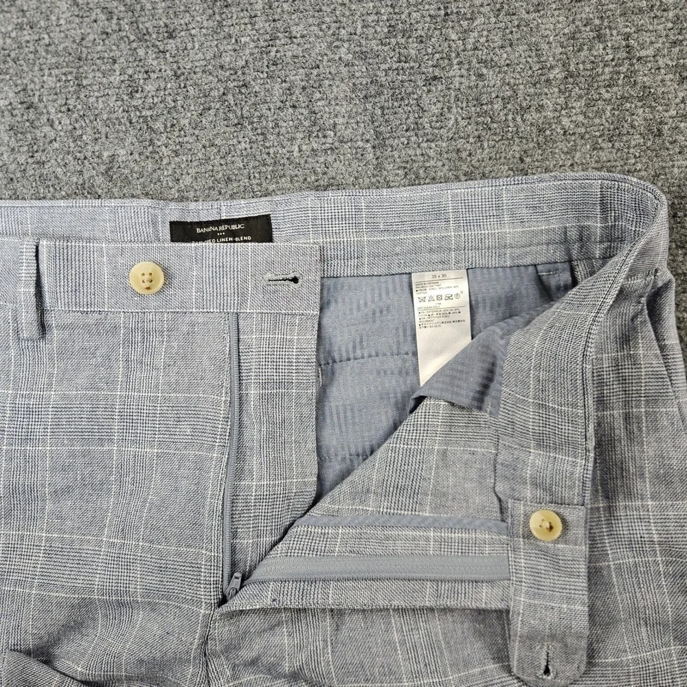 Banana Republic Mens 36 Tailored Linen Blend Plaid Dress Pants Blue White